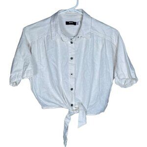 BDG XS Linen Crop Tops Tie Up White Shirt Summer Short Sleeve Casual Beach Light
